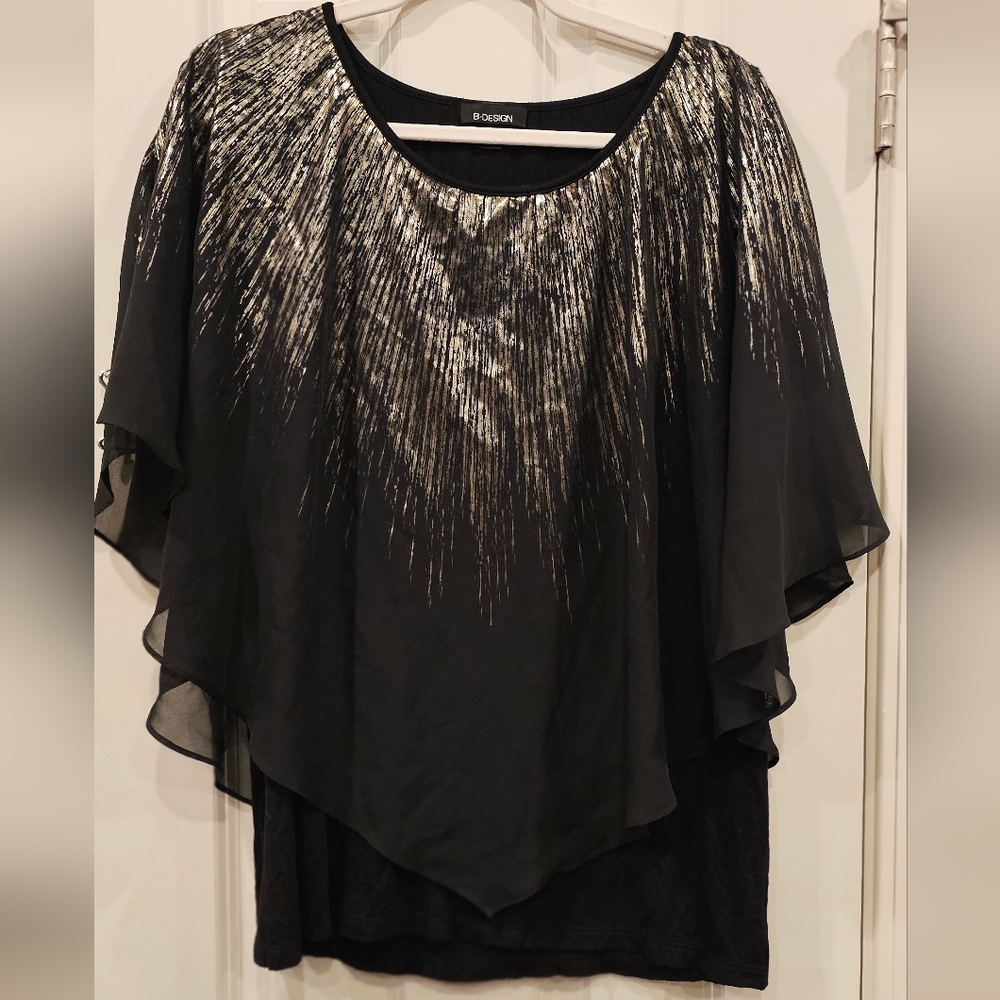151 - Elegant Black Blouse With Sheer Gold & Black Overlay